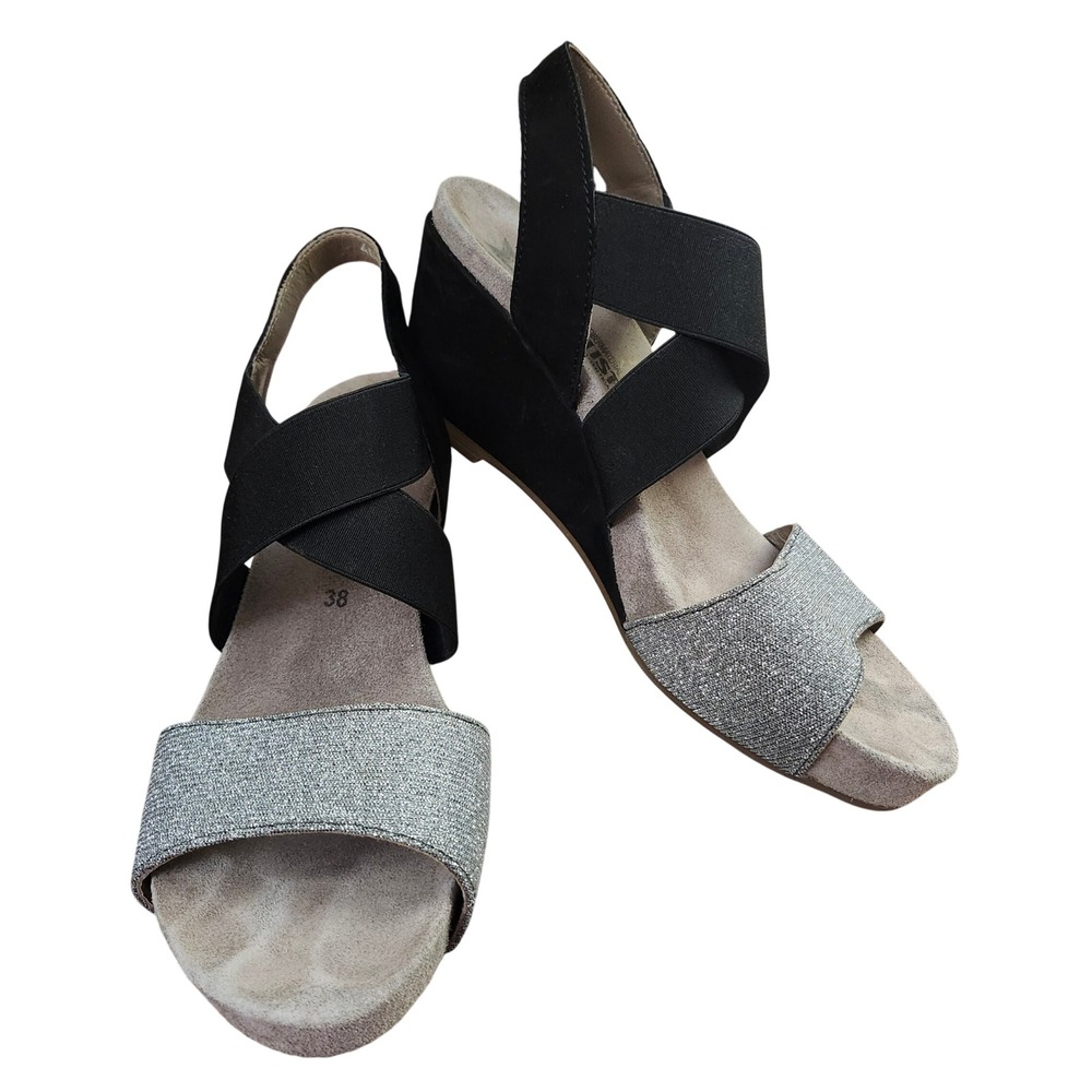 Mephisto Women 38 Black Silver Elastic Wedge Sandals Air-Relax Metallic Platform